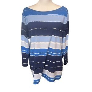 Talbots Plus Size 2X Blue Tie Dye Stripes Bateau  Neck 3/4 Sleeve Tee Shirt Top